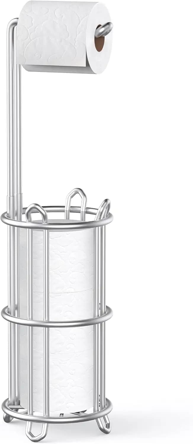 Portarotolo da terra e dispenser per 4 mega rotoli di carta igienica, scaffale portaoggetti da bagno autoportante in metallo argentato