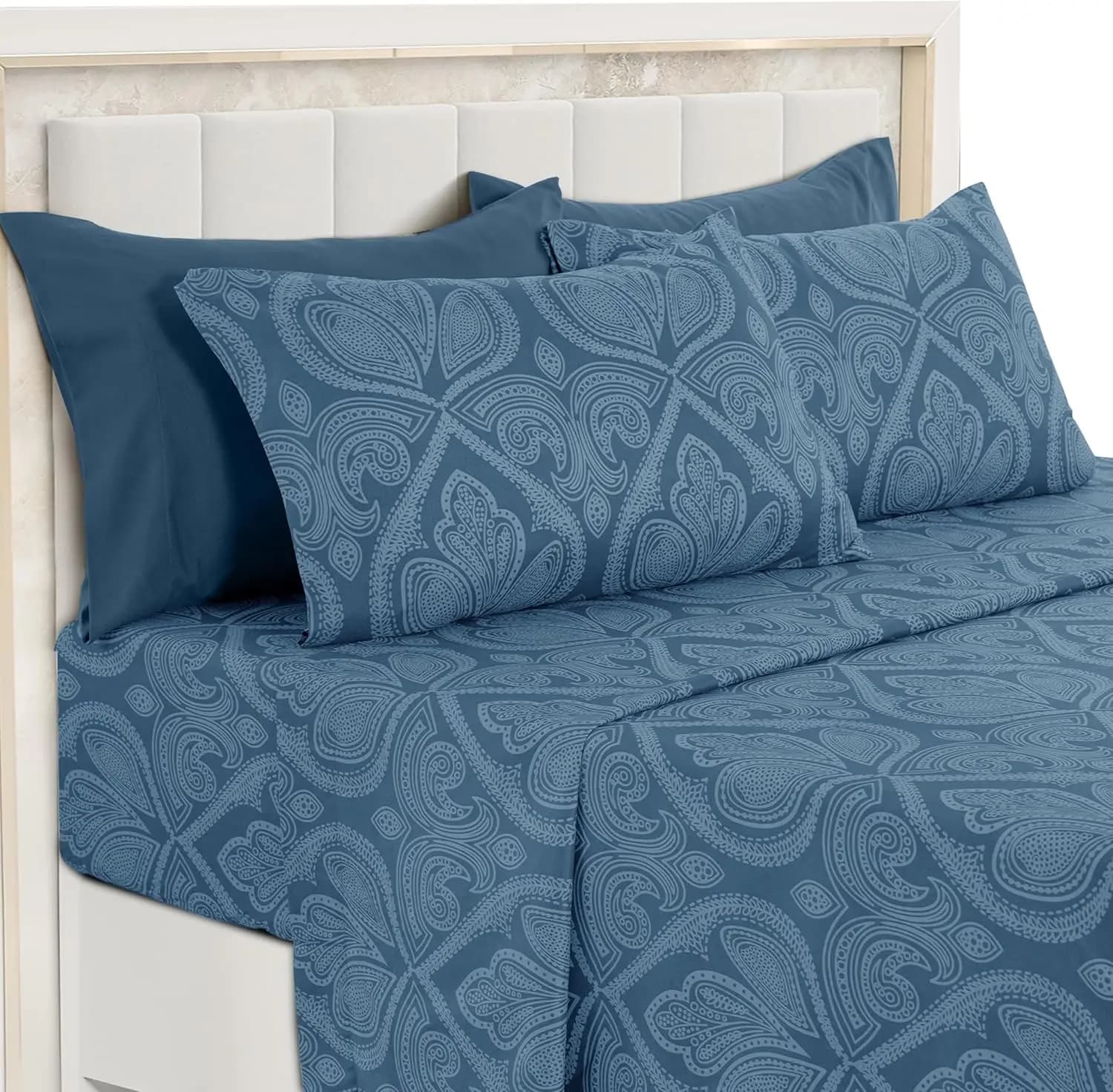 Set di lenzuola Queen da 6 pezzi, lenzuola in microfibra con motivo floreale Paisley, tasca profonda 16 pollici, biancheria da letto traspirante e antipiega