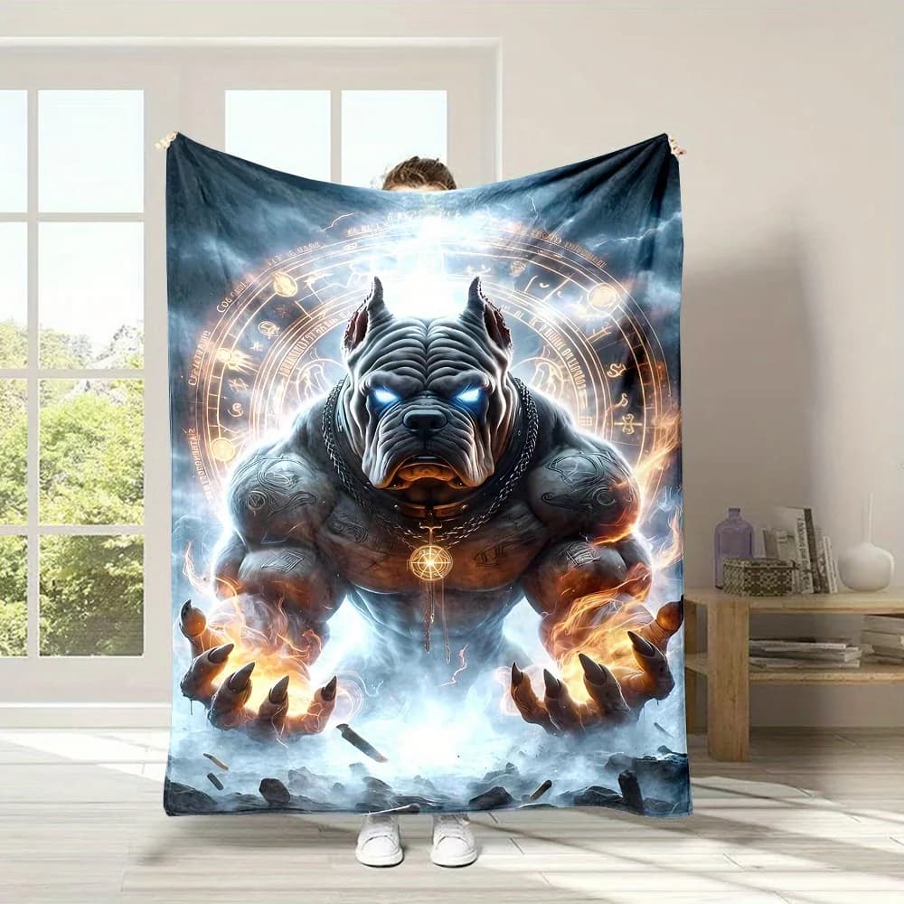 Bulldog gigante e motivo a fiamma Coperta stampata in flanella adatta a tutte le stagioni adatta per divano da ufficio e viaggi