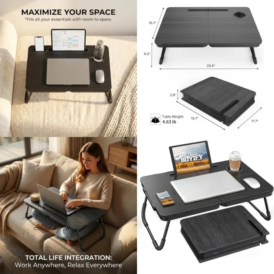 Tavolino Pieghevole per Laptop da Letto e Divano - Grande Supporto per Notebook con Portabicchiere e Slot per Tablet - Stand Portatile per Computer Portatile
