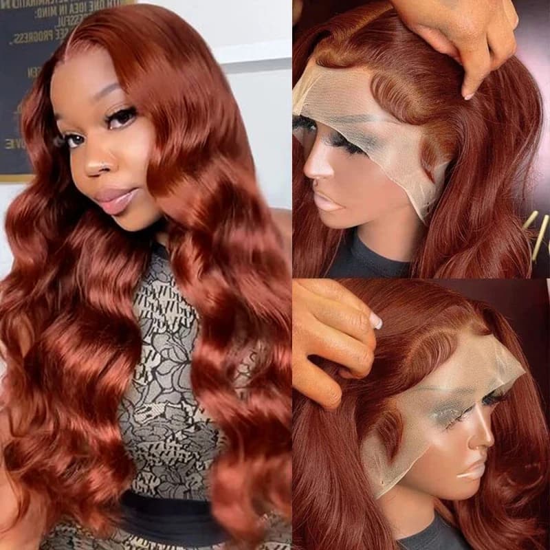 Front wigs in reddish brown lace 13x6 of body wave Human hairs pinched with baby hair # 33 colored wigs for woman Density 180%.