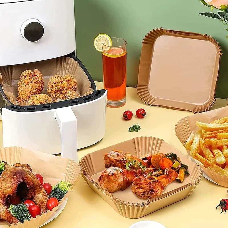 100/50 Pezzi Fogli di Carta per Friggitrice ad Aria, Stampi in Carta da Forno per Airfryer, Quadrati e Rotondi, Resistenti all'Olio, Monouso