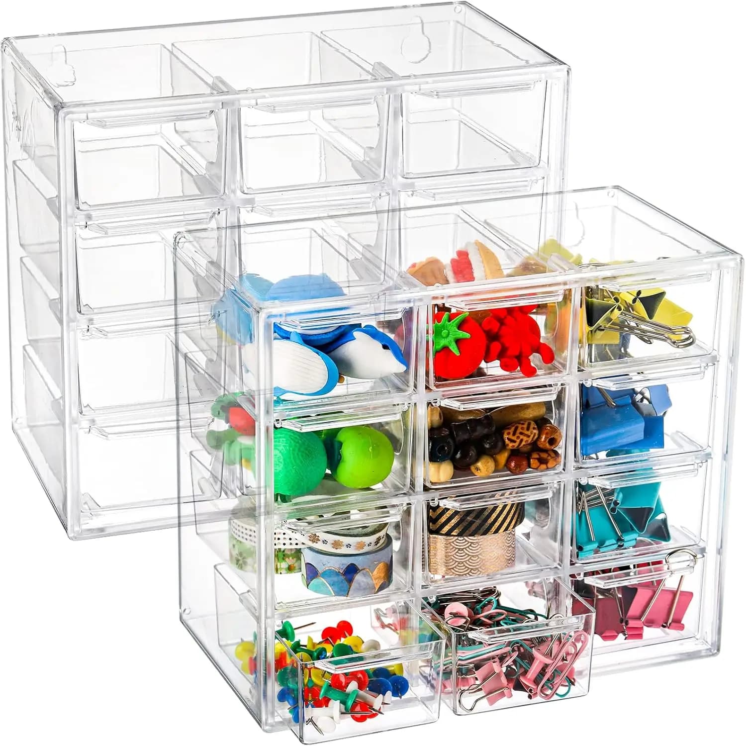 Set of 2 Mini Desk Organizers with 12 Removable Drawers, Transparent Plastic Storage Box for Crafts, Office, Jewelry