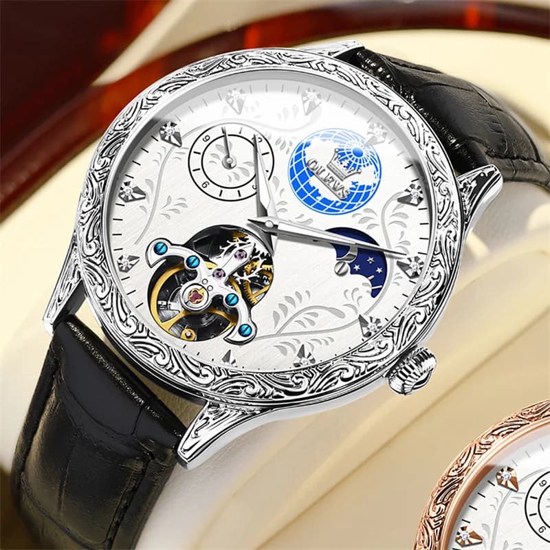 OLEVS Luxury Automatic Men's Watches Vintage engraved Bezel Tourbillon Skeleton Skeleton Monthly Phase Men's Watch Leather Relogio