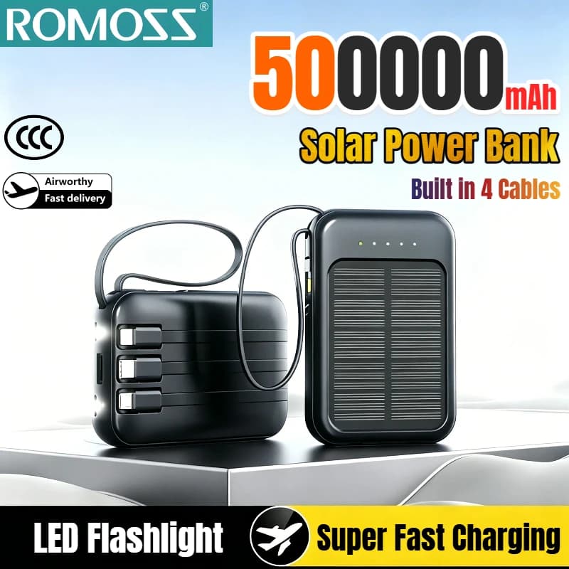 ROMOSS 500000mAh Solar Power Bank Fast Charging High Capacity Built in 4 Cables Outdoor Powerbank Spare Battery For All Phones