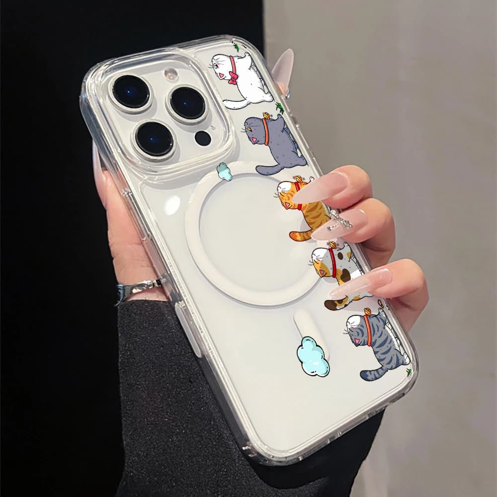 Cute Cartoon Cat Clear Phone Case For iPhone 17 11 12 13 15 16 1 4 Pro Max 14 15 16 Plus Air 16 17 E 15 16 14 Pro Acrylic Cover