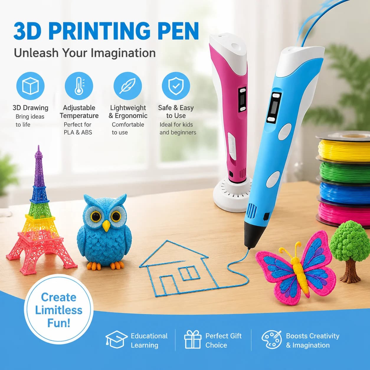 Penna per Stampa 3D per Bambini e Adulti con 9M di Filamento PLA Sicuro Resistente alle Alte Temperature Regalo per Disegno Artistico Fai-da-Te per Compleanno