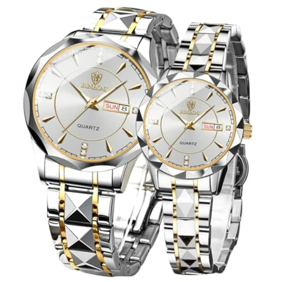 Valentines Couple Pair Watches Men and Women Luminous Calendar Waterproof Stainless Steel Quartz Watch Face his and Hers Watche