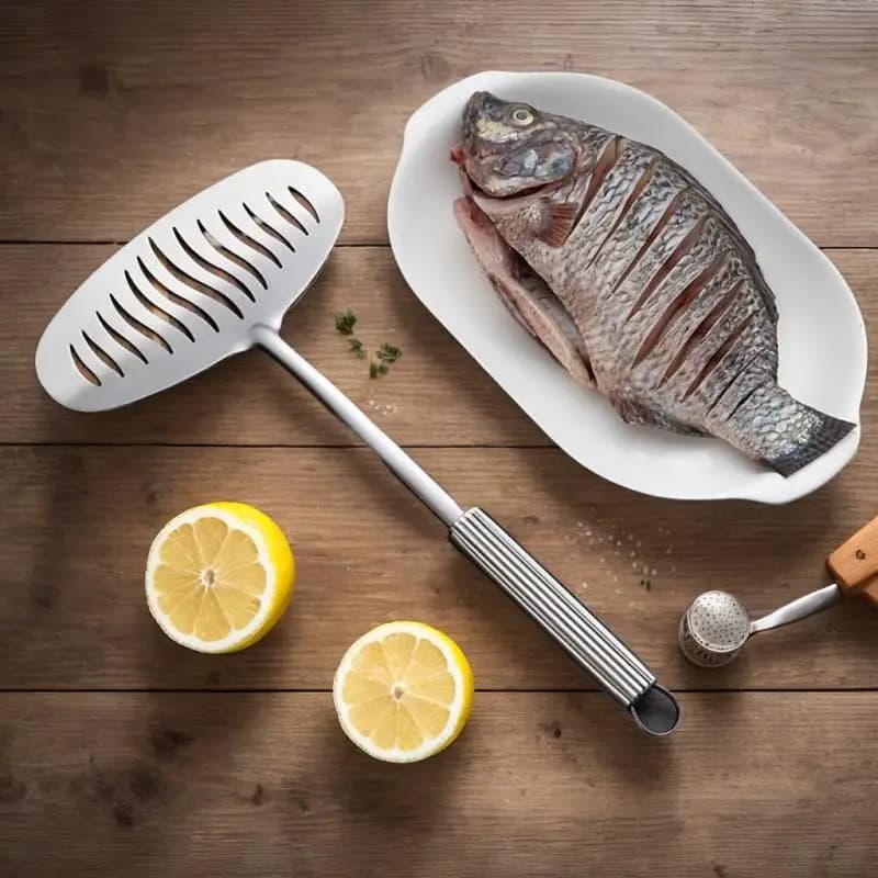 Spatola Grande per Friggere Fish, Paletta per Uova Antiaderente con Manico Lungo, Paletta Piatta Forata per Bistecche, Kitchen Tool in Stainless Steel