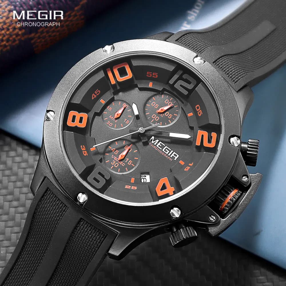 MEGIR Men's Military Quartz Watch Fashionable Waterproof Wrist Watch with Silicone Strap Luminous Hands Chronograph With Black Date