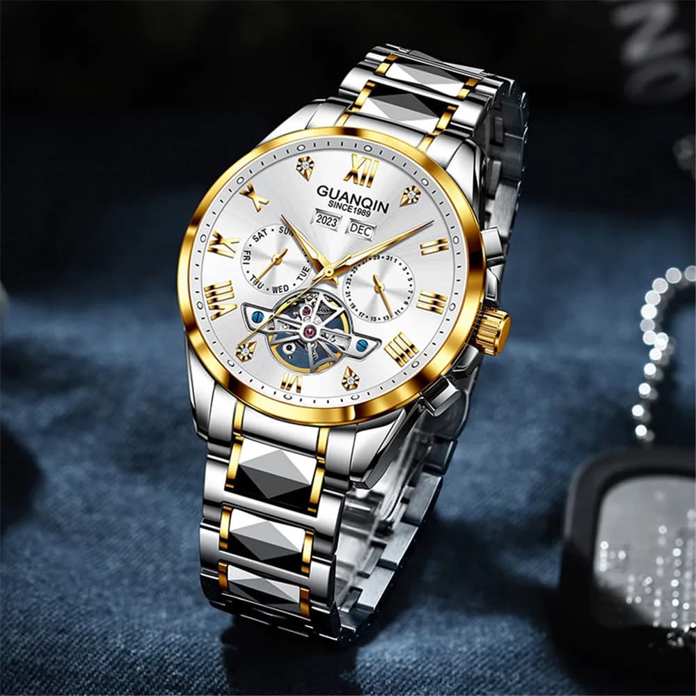 Orologio da Polso da Uomo GUANQIN di Lusso in Acciaio al Tungsteno e Pelle, Automatico Meccanico Sportivo Multifunzione con Design Scheletrato