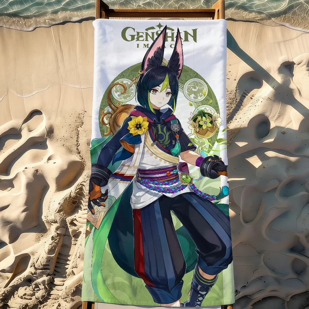 Tighnari Genshin Impact Game Towel Asciugamano sportivo ad asciugatura rapida, attrezzatura da viaggio e campeggio, resistente alla sabbia, morbido, leggero, grande asciugamano da spiaggia