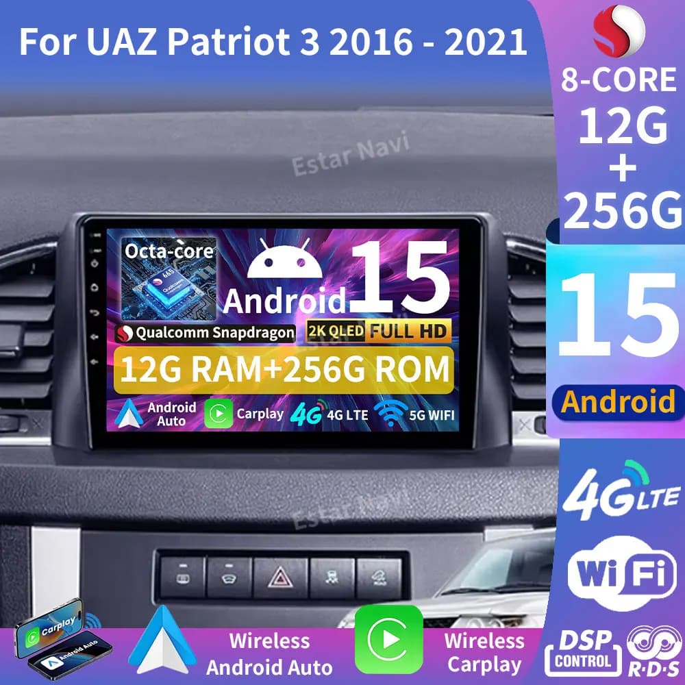 Autoradio Android 15 per UAZ Patriot 3 2016-2021 con Wireless Carplay, Android Auto, Lettore Multimediale, Navigazione GPS, Stereo 4G DSP