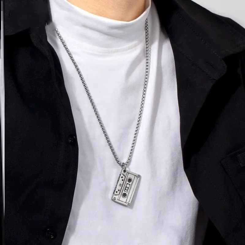 1pc Vintage Cassette Tape Pendant Necklace Retro Double Tape Charm Stainless Steel Chain 80s 90s Hip Hop Punk Jewelry