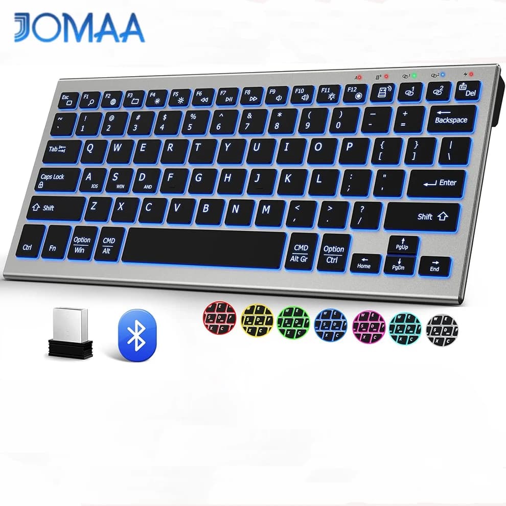 Tastiera wireless Bluetooth JOMAA con 7 retroilluminati colorati, tastiera per computer cordless compatta ricaricabile per Windows, PC