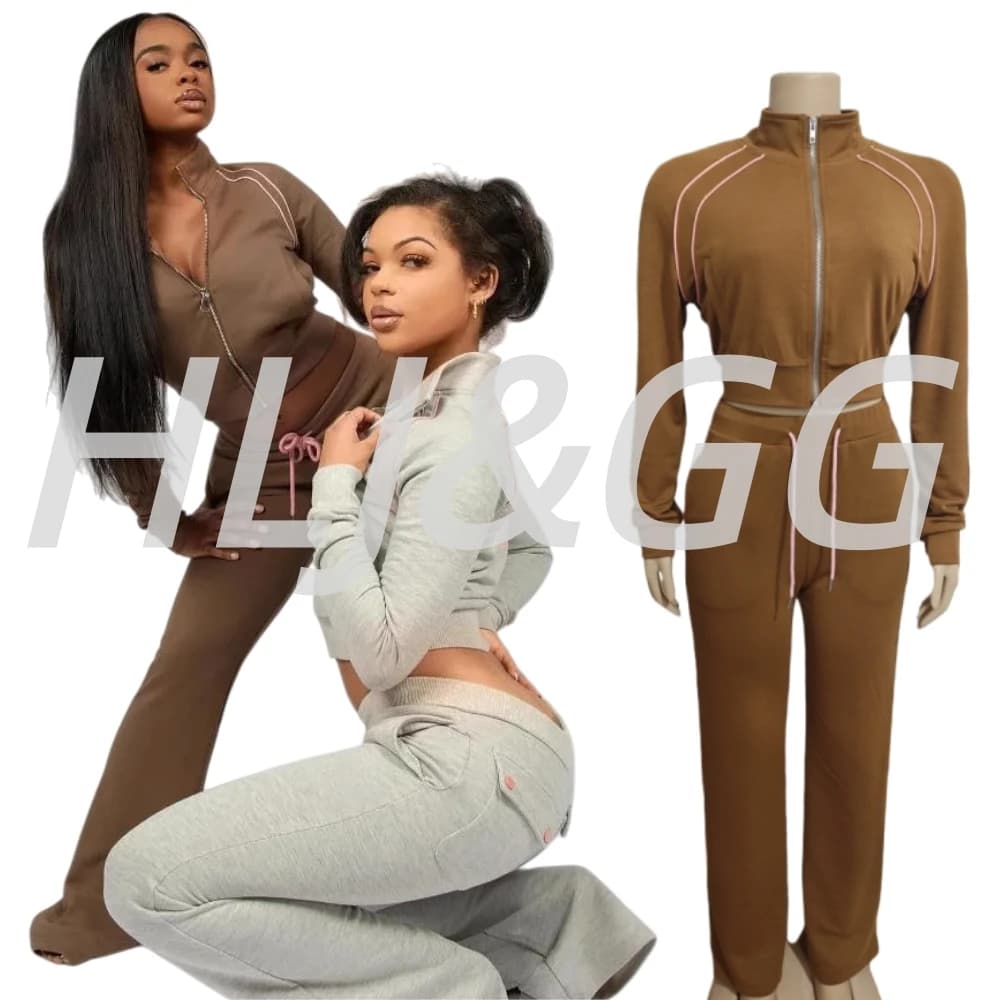 HLJ&GG Autumn Casual Solid Sporty Two Piece Sets Women Zip Long Sleeve Crop Top And Drawstring Pants Outfits Fashion Tracksuits