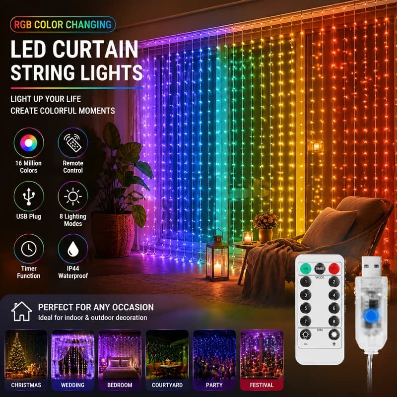 3x1m USB RGB Curtain Fairy Lights LED Garland with 8 Modes Remote Timer for Holiday Wedding Bedroom Window Home Decor