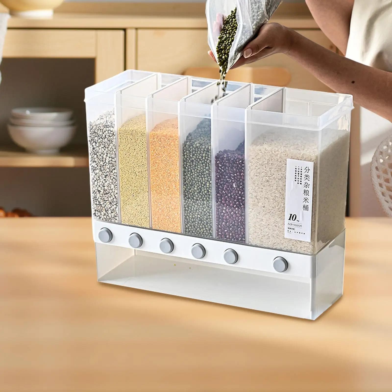 Dispenser per Cereali con Contenitore a 6 Scomparti, Organizzatore da Parete 10L, Dispenser per Alimenti Secchi, per Cereali e Mais