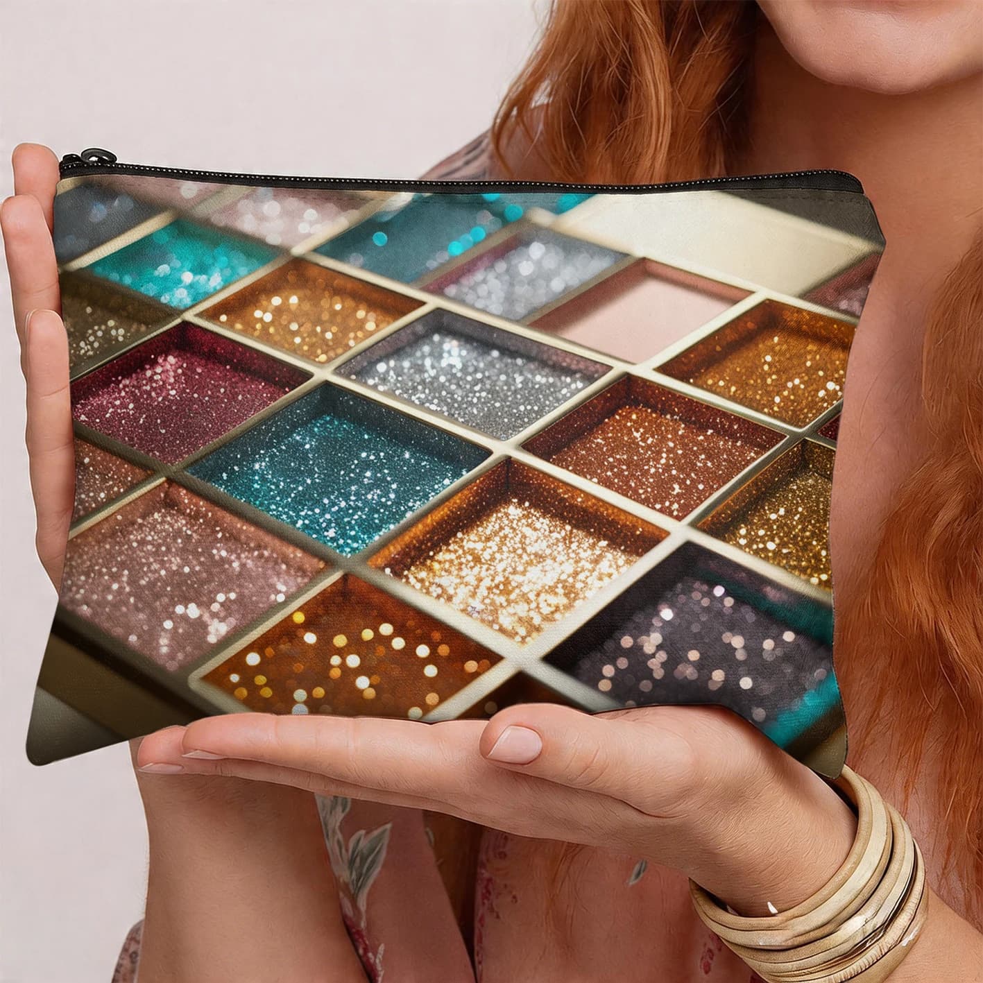 Borsa per il trucco stampata con palette di ombretti glitterati, organizer cosmetico a griglia colorata di lusso, abbigliamento da donna