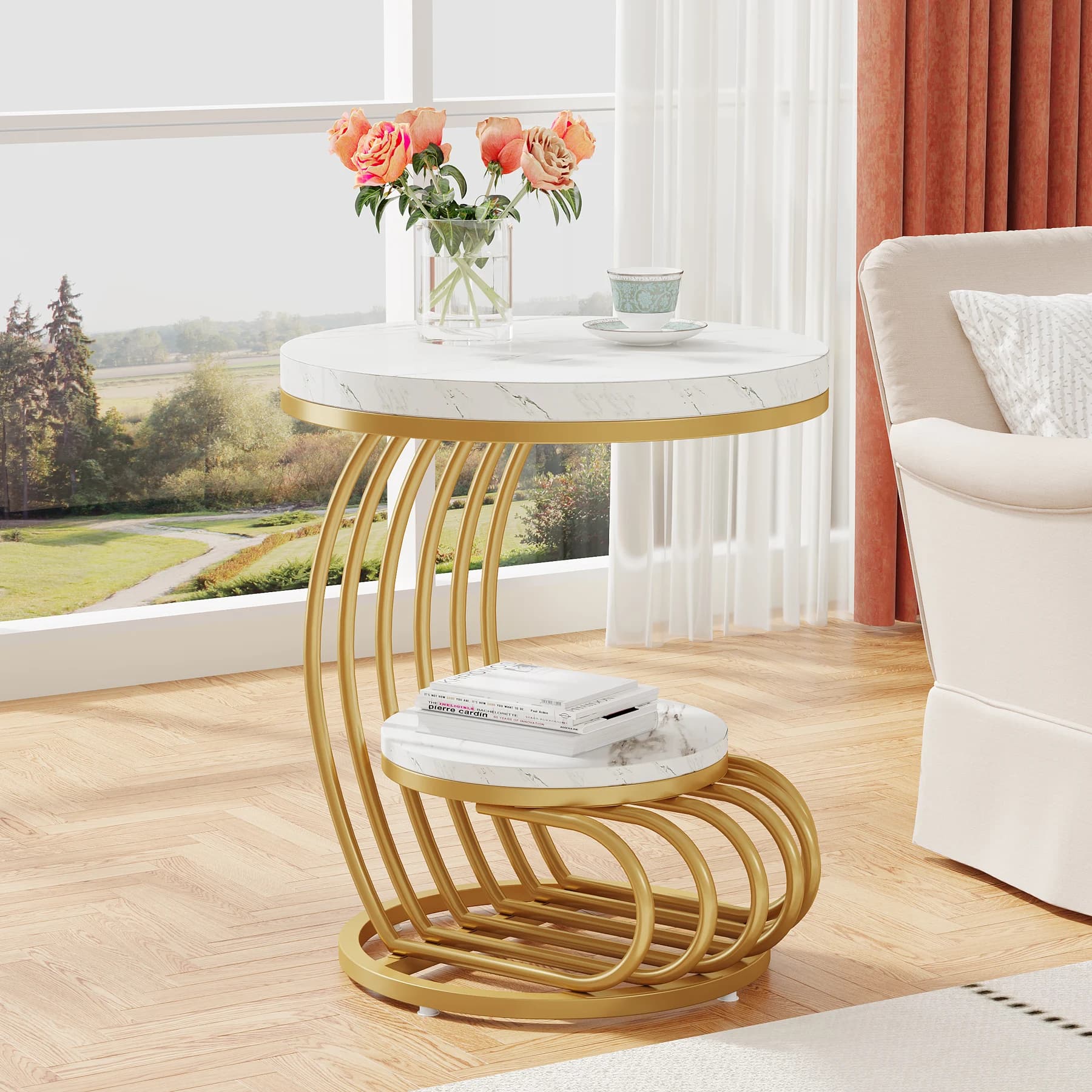 Tribesigns Gold Round End Table: tavolino in finto marmo a 2 livelli con ripiano, comodino moderno in oro bianco