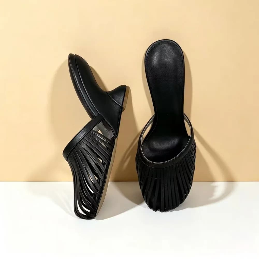 2026 Summer Women Metallic Strap Cutout Wedge Heel Mules Round Toe Slip on High Heel Plus Size Party Sandals