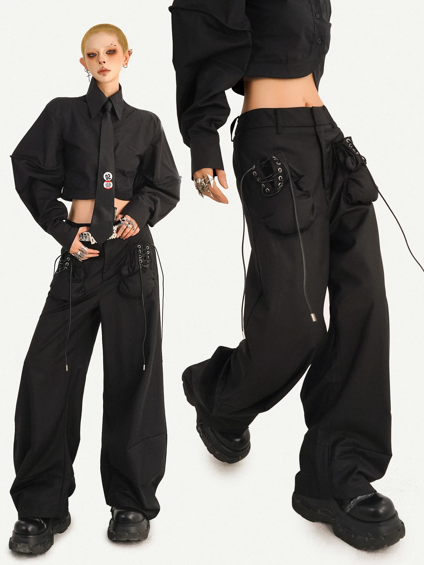 Pantaloni a Vita Alta e Gamba Larga Nico Molly per Donna, Stile Casual Minimalista Nero con Cintura