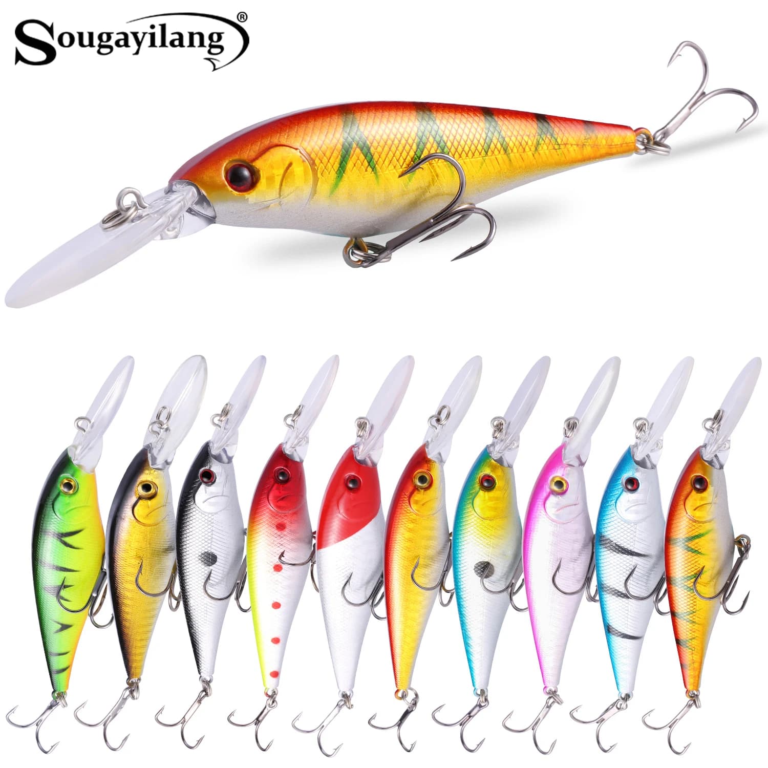 Sougayilang Premium Fishing Baits with 3D Fish Eyes High Simulation Fish Scales Treble Hooks Fast-Diving 10 Color Options Lures