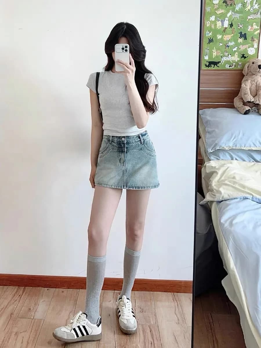 Slim Fit Short Denim Skirt for Women Summer Thin High Waist A-Line Half Body Skirt Jeans High Waist Button Zipper Style