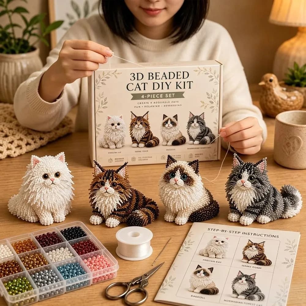 Handmade DIY Animal Bead Embroidery Kit Colorful Mini Beadwork Art Craft Set Tiny Cat 3D Bead Pet Keychain Making Kit for Kids