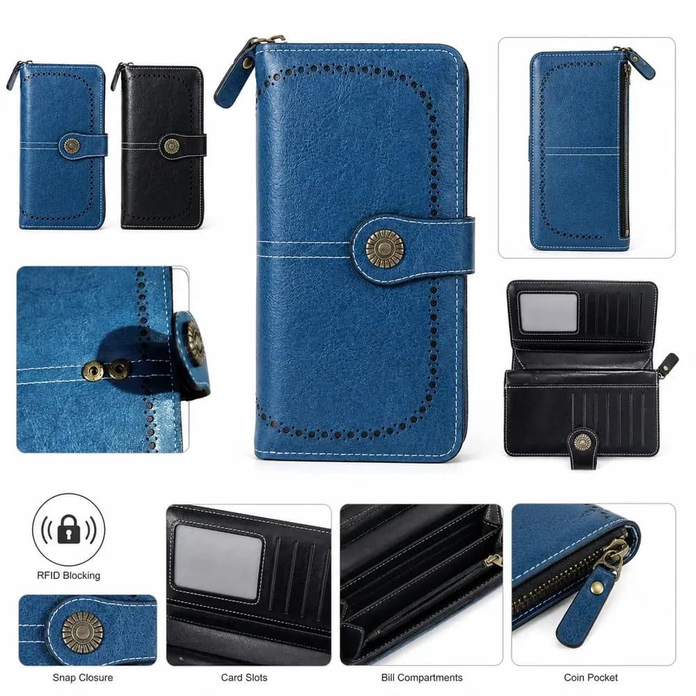New PU Long Wallet RFID Blocking Snap Closure RFID Wallet Vintage Style Long Foldover Coin Wallet Women