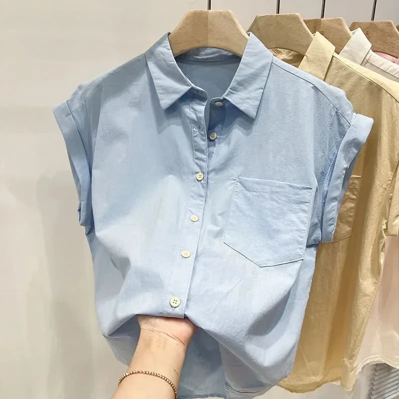Camicia Estiva Senza Maniche ZHIO da Donna, Blusa Casual Monopetto Solida, Camicia Vintage da Donna con Colletto Risvoltato Stile Street