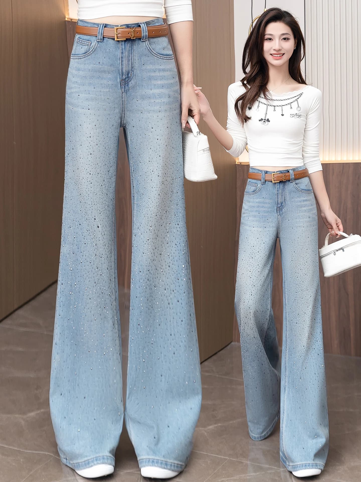 Jeans Skinny a Vita Alta Modellanti da Donna, Nuovo Stile Primavera Autunno 2026, con Glitter e Strass, a Zampa d'Elefante, in Denim di Cotone Casual