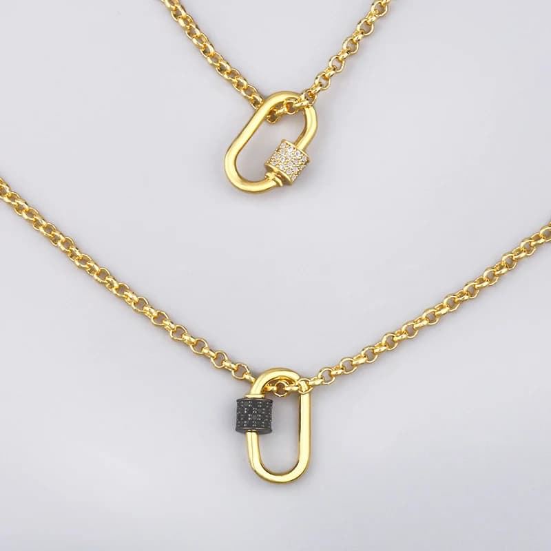 FLOLA geometrica piccola collana con lucchetto ovale per donna collana con moschettone con chiusura a vite in cristallo placcato oro nker62