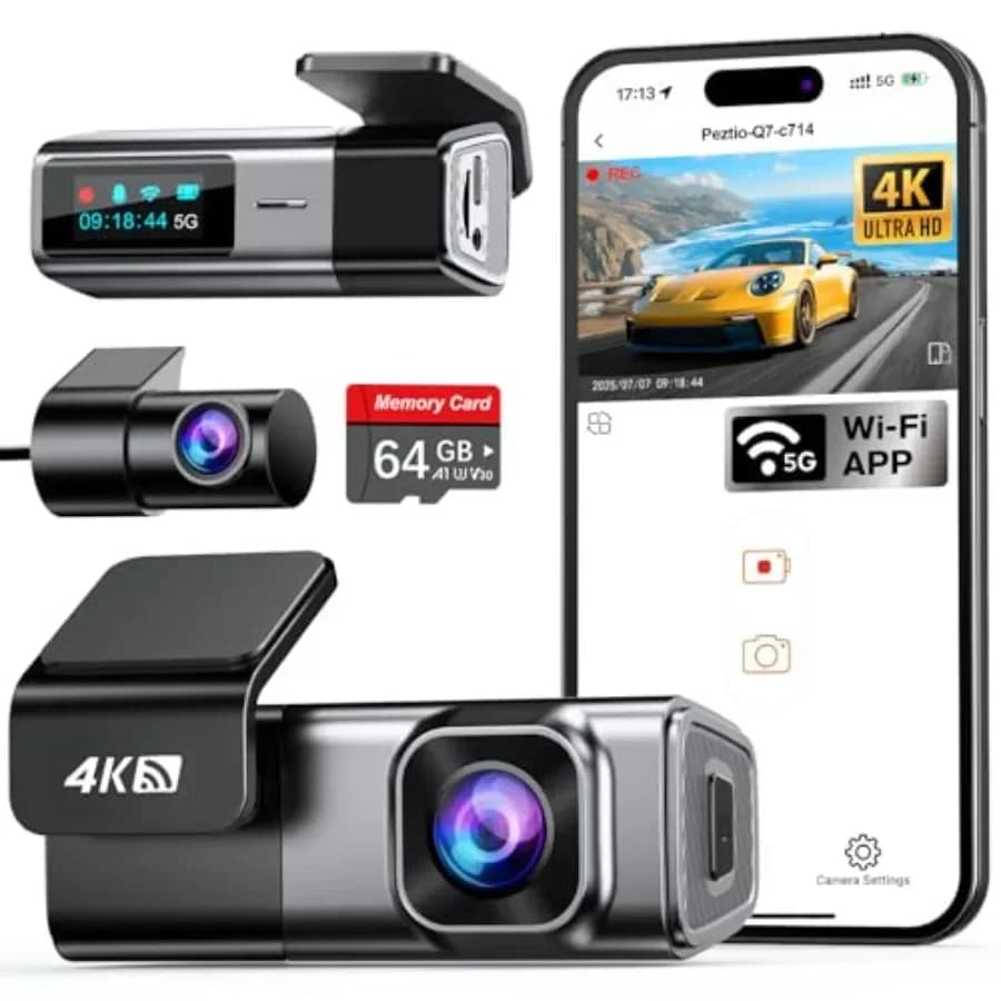 Dash Cam 4K Anteriore e Posteriore con Scheda da 64GB, WiFi 5G Integrato, Telecamera per Auto 4K Anteriore e 1080P Posteriore, Dashcam per Auto