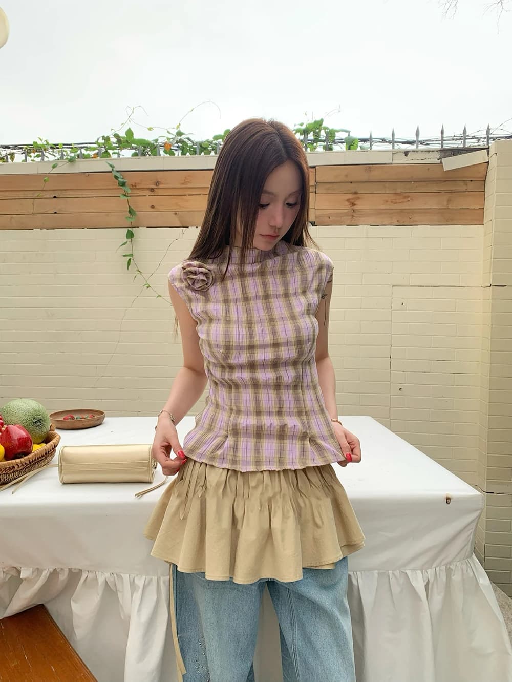 Korean Style Short Puffy Skirt with Belted Kaki Decorative Wooden Bows Apron Skirt Curtain High Waist Cotton Gored