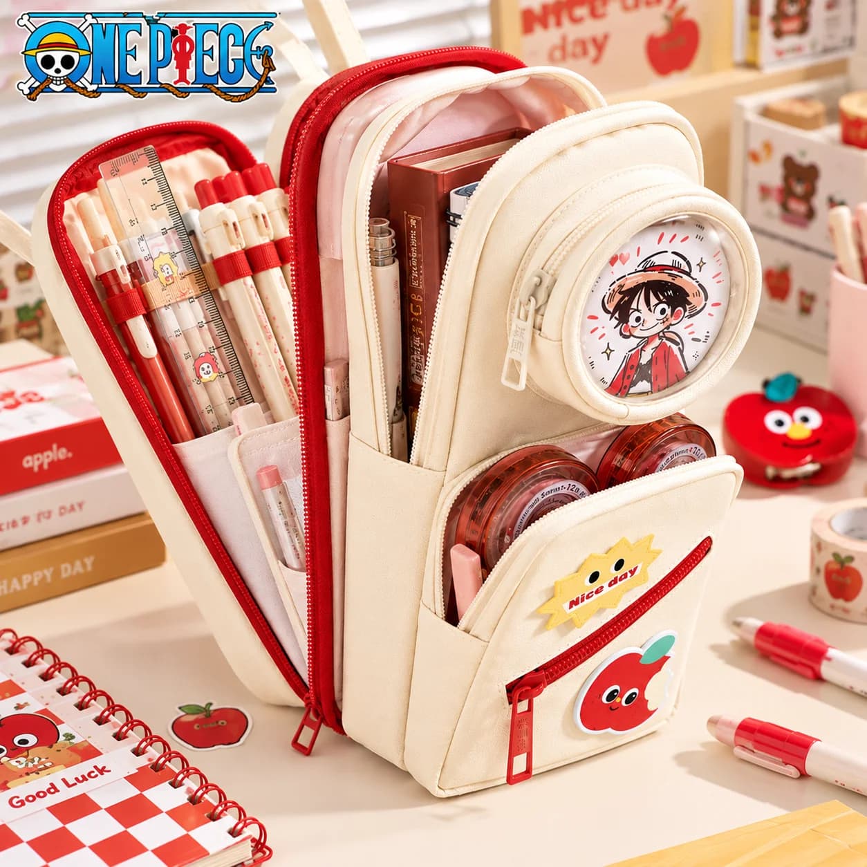 One Piece Pencil Case Large Capacity 7 Layers 13 Compartments Stationery Storage Bag with Window 4PCS Anime Badges