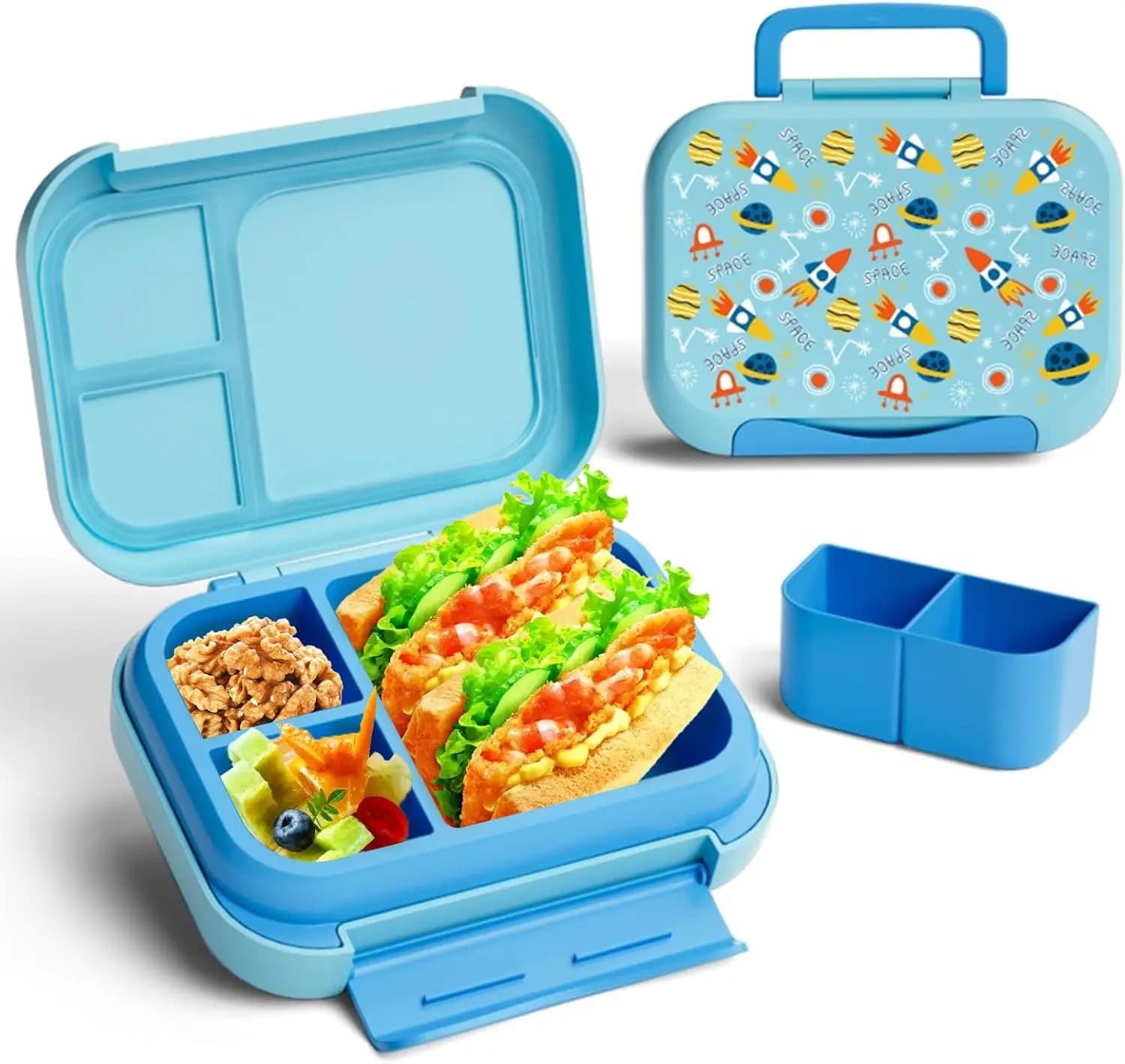 Contenitore per Pranzo XL Antisgocciolamento con Stampa - Scatola Bento Riutilizzabile a 3 Scomparti per Preparazione Pasti; 5 Tazze