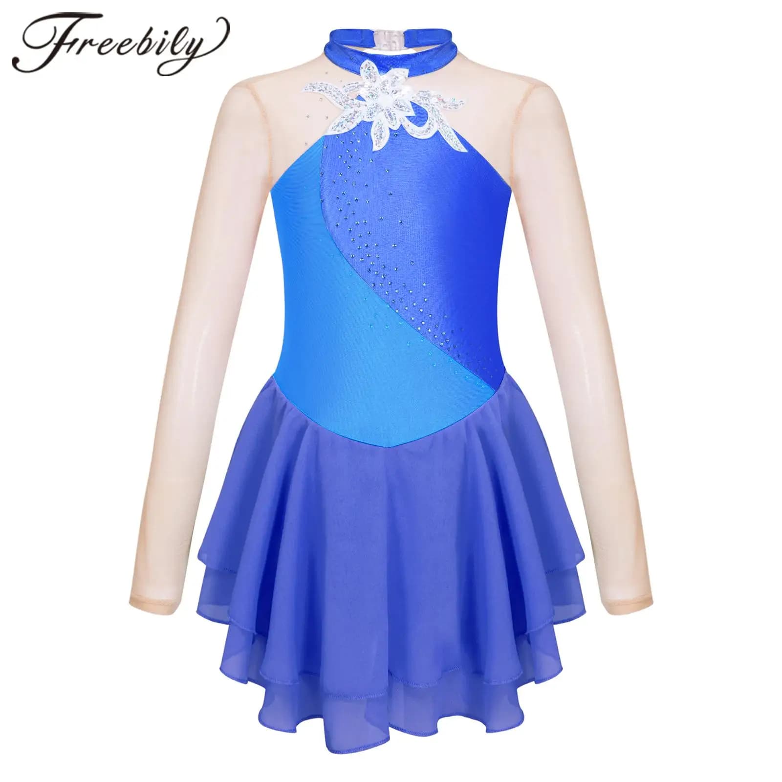 Bambini ragazze manica lunga pattinaggio artistico su ghiaccio vestito lucido strass Dancewear maglia trasparente Tutu balletto ginnastica danza body Dress
