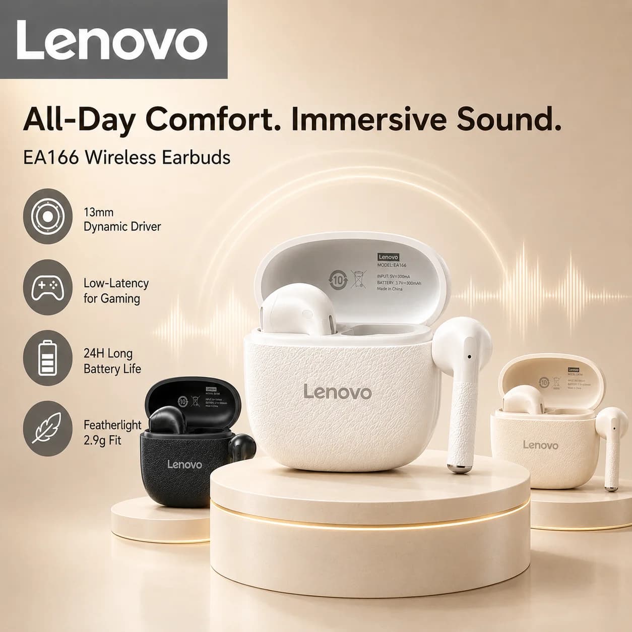 Lenovo EA166 Earbuds Bluetooth 5.4 Low Latency Gaming Earphone ENC Noise Reduction 24H Playtime IPX5 Touch Control Headset With