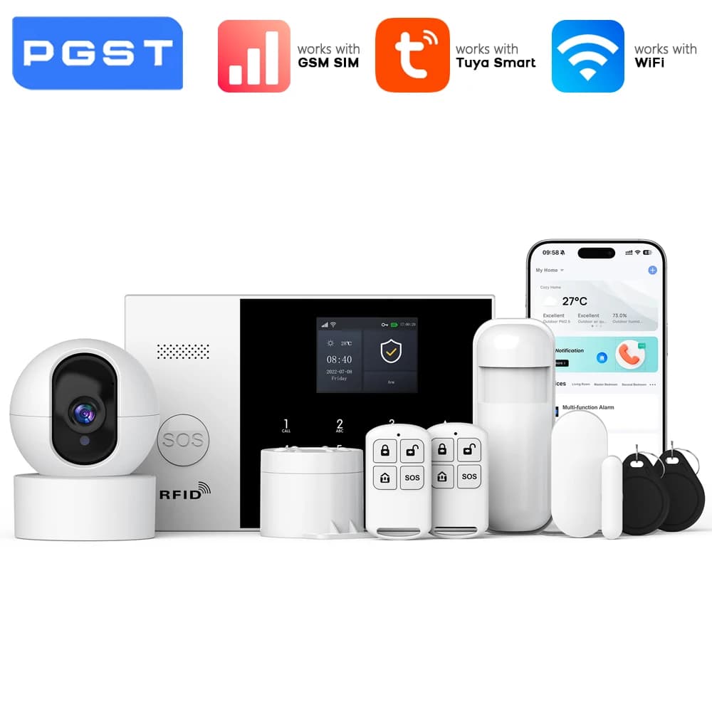 Smart Home Alarm System PGST WiFi GSM Wireless with IP PTZ Camera, Audio Bidirectional, Security Tuya