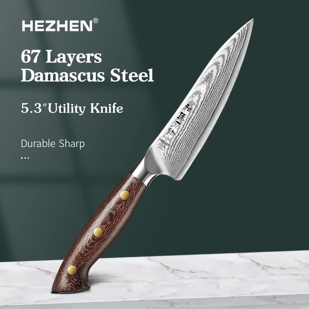 67-layer HEZHEN multi-purpose knife in 5.3 inch damask steel with micart handle, ultra sharp and ergonomic kitchen knives