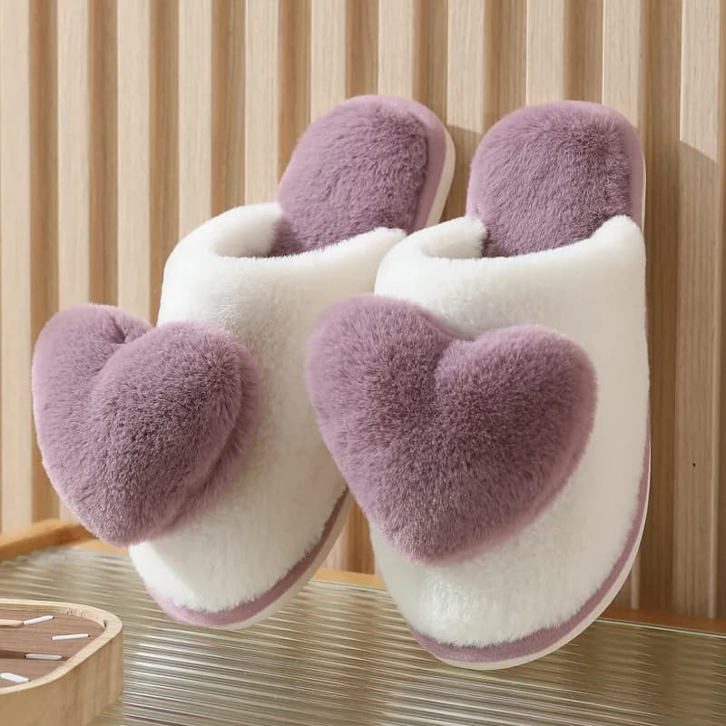 Winter Warm Heart Pattern Cotton Slippers Women Indoor Casual Comfortable Sandals Men Faux Fur Thicken Plush Sandals Adult Shoes