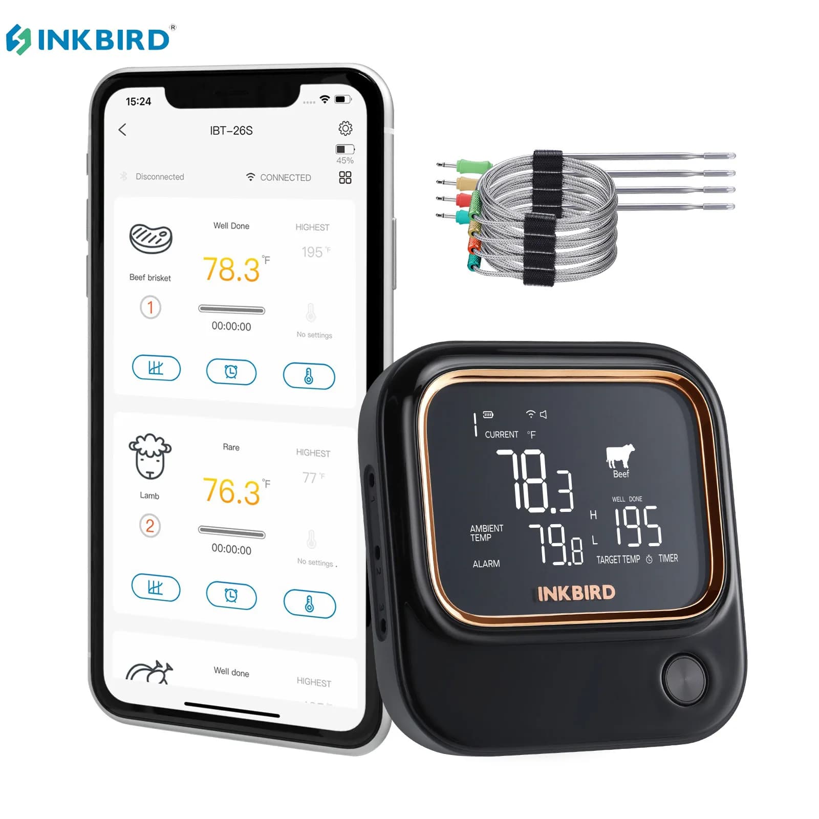 INKBIRD IBT-26S Termometro per Carne Senza Fili WiFi Digital Grill Cucina Termometro per Alimenti con 4 Sonde BBQ Cucina Cottura Domestica Troppo