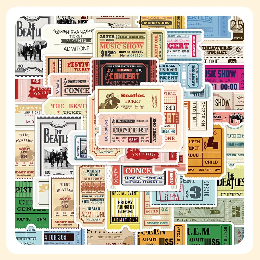 Confezione da 60 Adesivi Vintage a Tema Biglietti per Telefono, Notebook, Tablet, Casco, Cancelleria, Scatole, Decorazioni