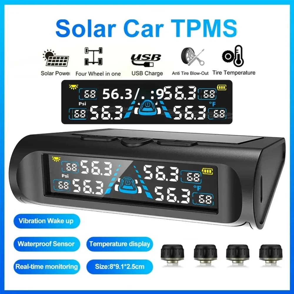 T121 Monitor Pneumatic Pressure USB/Solar Car with 4 External Temperature Sensors, Digital LCD Display, Pressure Gauge 0-6.8 Bar
