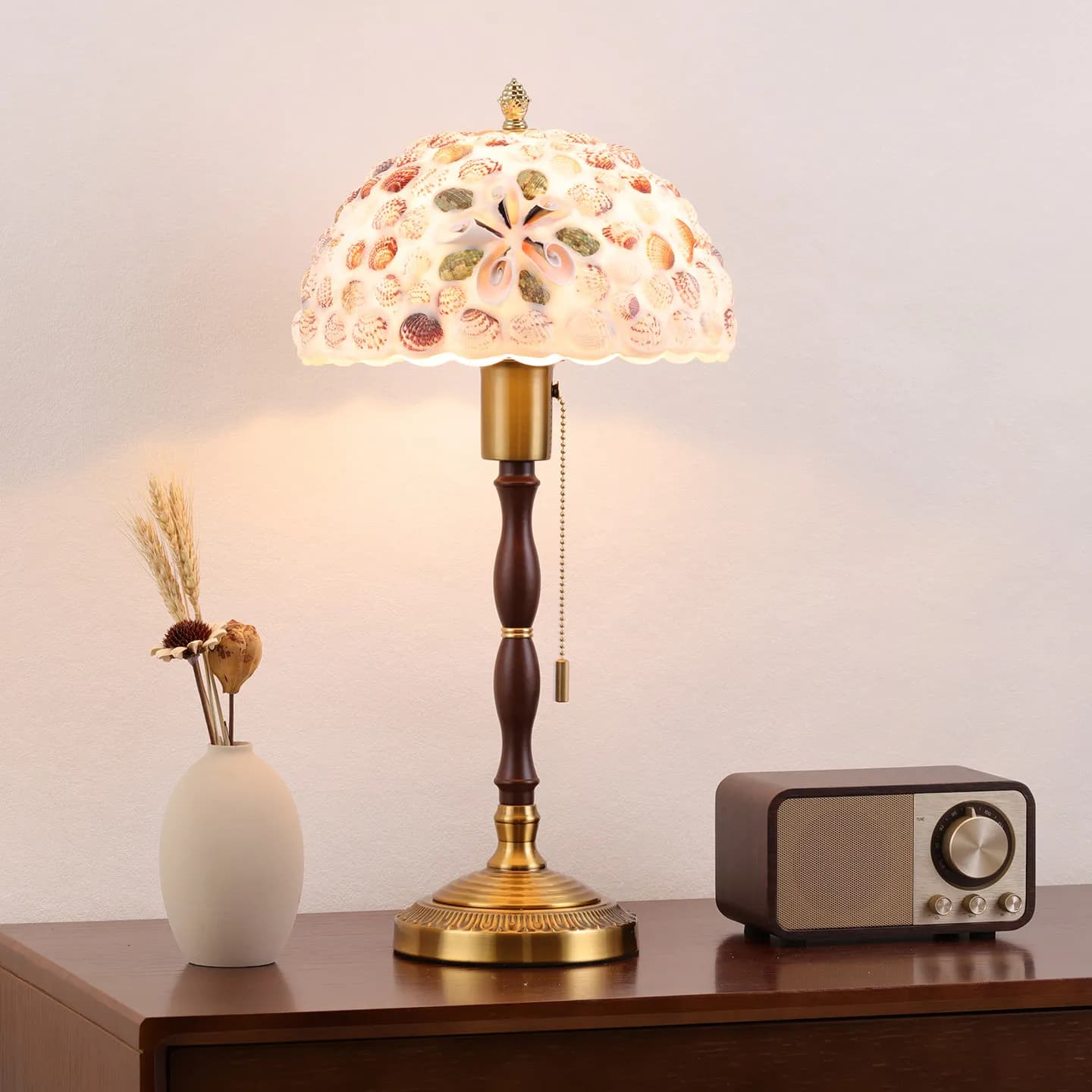 Lampada da Tavolo Vintage Americana con Paralume in Vetro a Conchiglia e Base in Legno, Lampada da Scrivania LED per Camera da Letto, Comodino, Soggiorno, Arredamento Casa