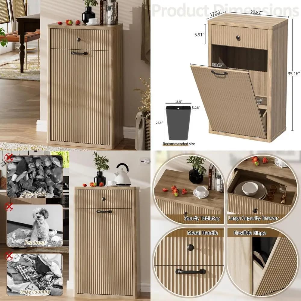 Mobiletto da cucina in legno naturale con cestino per la raccolta differenziata a scomparsa e coperchio anti-animale domestico
