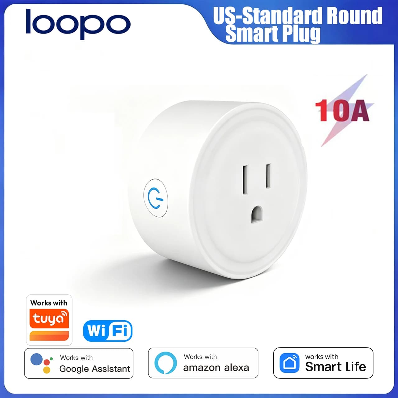 Presa Intelligente Rotonda WiFi Tuya 10A, Controllo Remoto e Vocale tramite App, Funzione Timer e Conto alla Rovescia, Compatibile con Alexa e Google Home