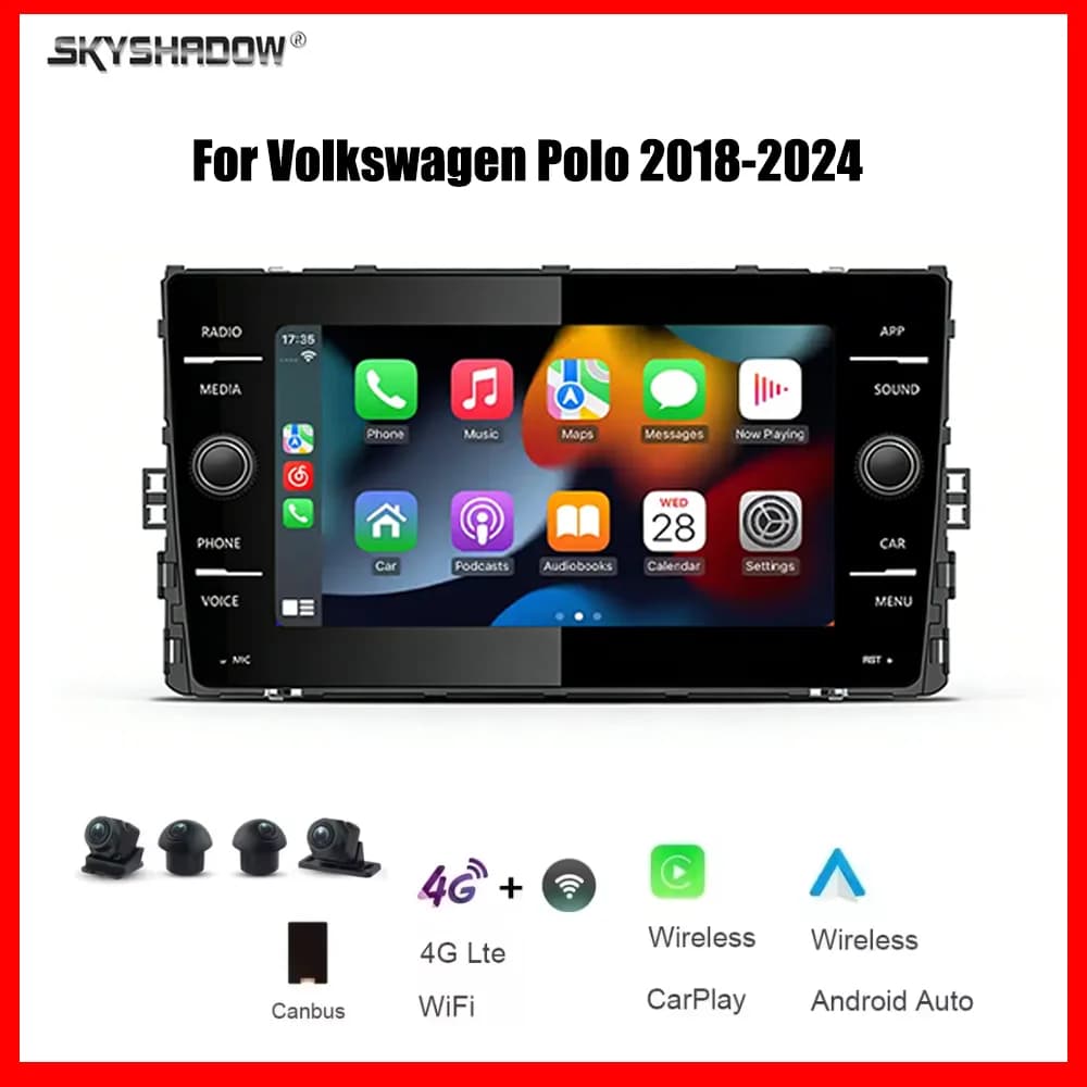 Autoradio multimediale 8 pollici CarPlay Android 15 8 Core 12G+256G con 4G Bluetooth GPS Navigazione per Volkswagen Polo 2018-2024