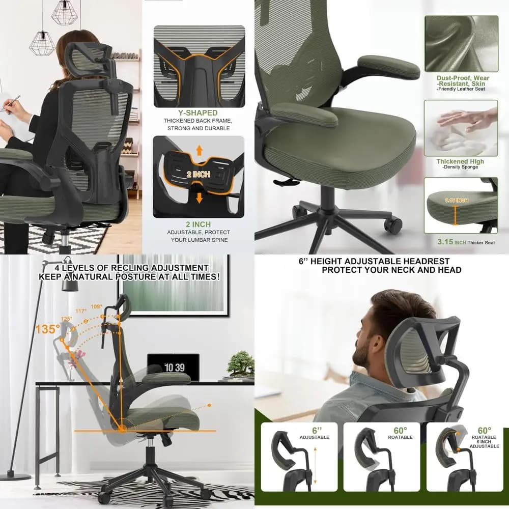 Sedia da ufficio ergonomica con schienale alto: poggiatesta regolabile, braccioli ribaltabili, supporto lombare, sedia da lavoro girevole in verde cacciatore